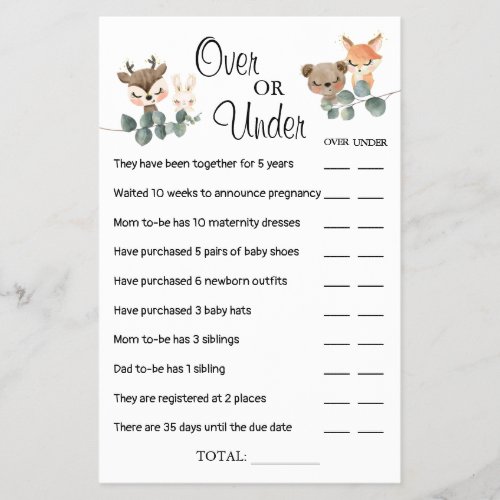 Woodland Over or Under Baby shower game card Flyer