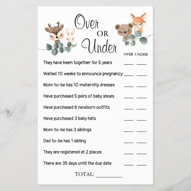 Woodland Over or Under Baby shower game card Flyer (Front)