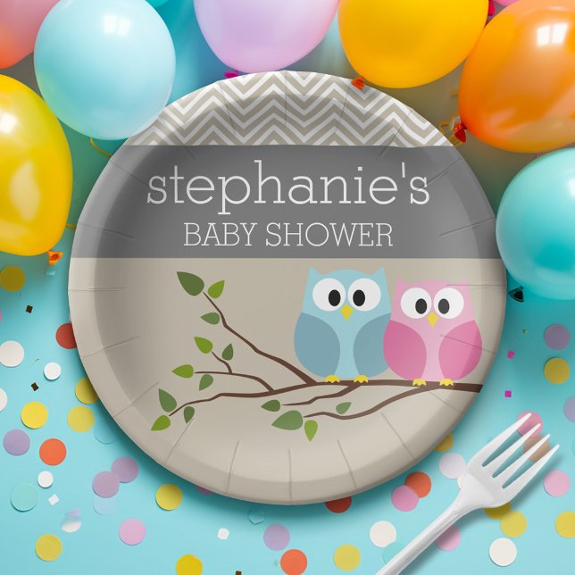 Woodland Owl Baby Girl Boy Gender Reveal Shower Paper Plates (Personalized Baby Shower Plates - Cute Woodland Owl)