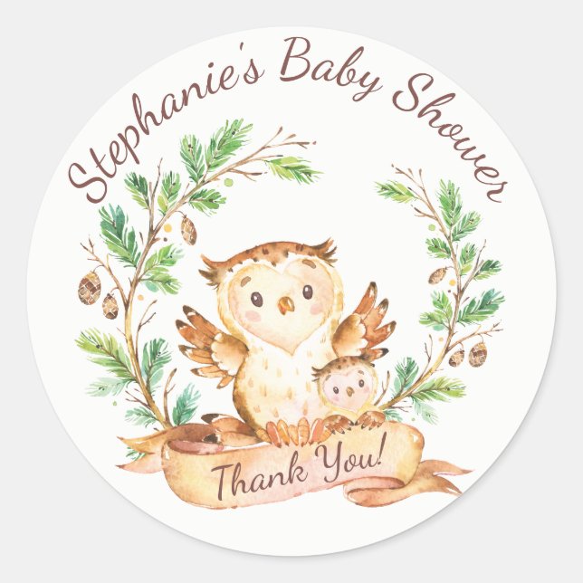 Woodland Owl Baby Shower Thank You Favor Sticker (Front)