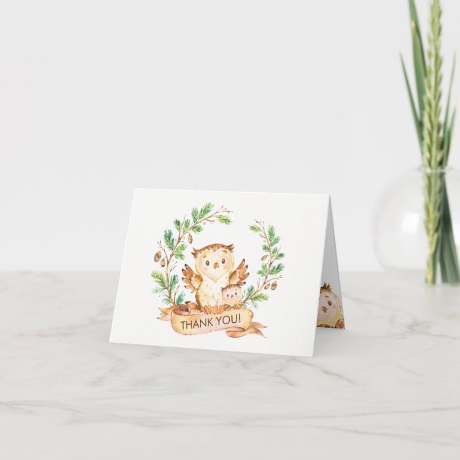 Woodland Owl Baby Shower Thank You Note (Front)