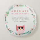 Woodland Owl Birth Stats Round Nursery Pillow