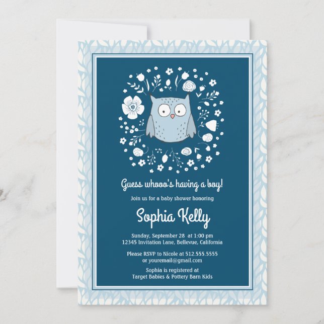 Woodland Owl Blue Boy Baby Shower Invitation (Front)