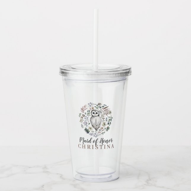 Woodland Owl Botanical Maid of Honor Name Acrylic Tumbler (Front)