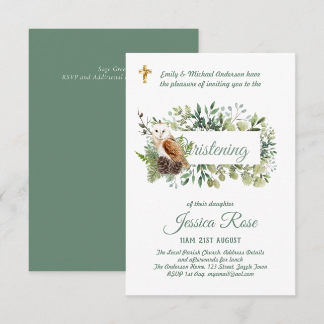 Woodland Owl Christening Invites Baptism  (Front/Back)