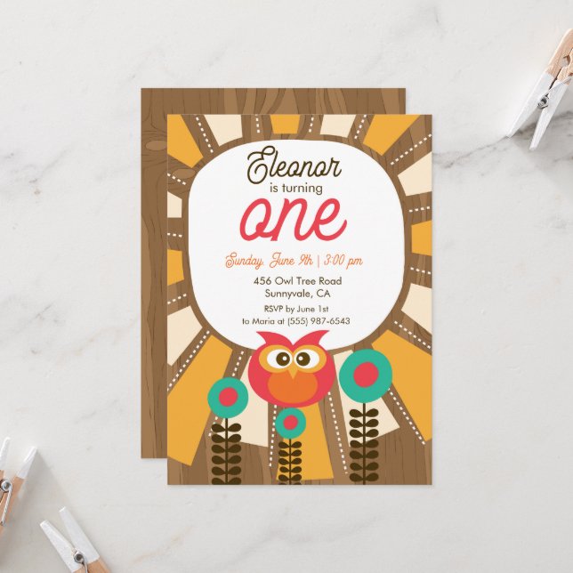 Woodland Owl First Birthday Invitation – One Year  (Front/Back In Situ)