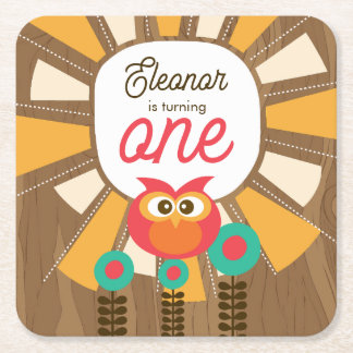 Woodland Owl First Birthday Invitation – One Year Square Paper Coaster