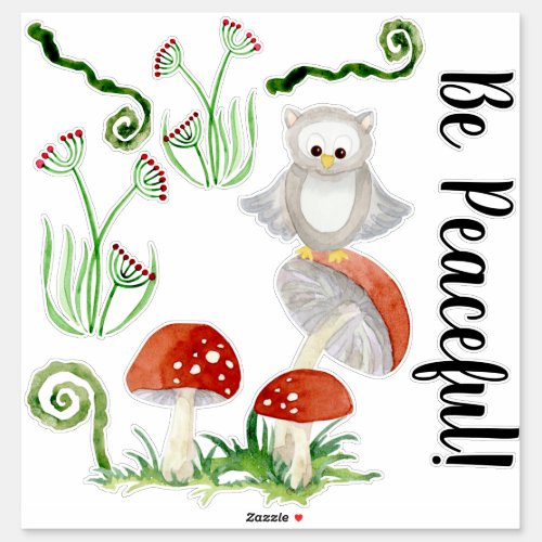 Woodland Owl Floral Watercolor Be Peaceful Nursery Sticker