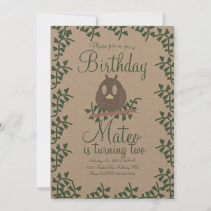 Woodland Owl Greenery Birthday Party Rustic Invitation