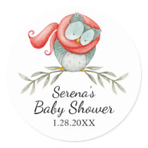 Woodland Owl in Red Scarf Baby Shower Classic Round Sticker