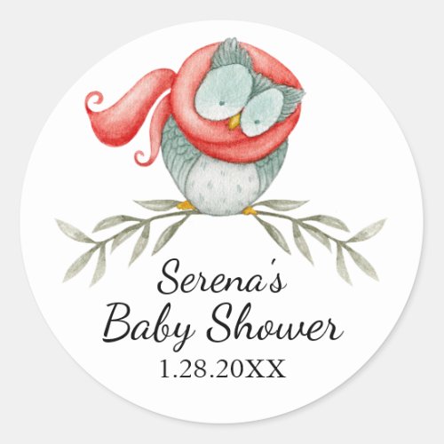 Woodland Owl in Red Scarf Baby Shower Classic Round Sticker