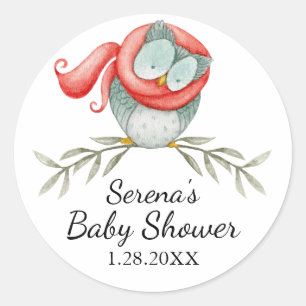 Woodland Owl in Red Scarf Baby Shower Classic Round Sticker