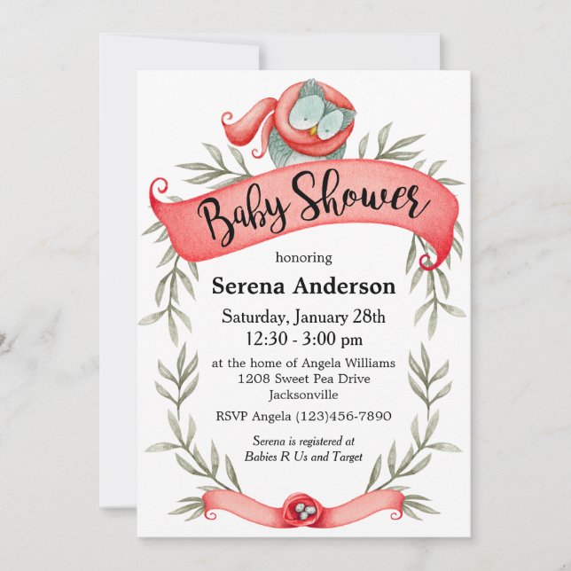 Woodland Owl in Red Scarf Baby Shower Invitation (Front)