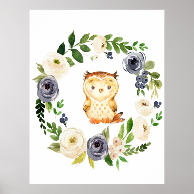 Woodland Owl navy floral nursery print (Front)