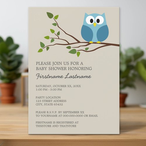 Cute Owl on Branch Baby Boy Shower Custom Invitations