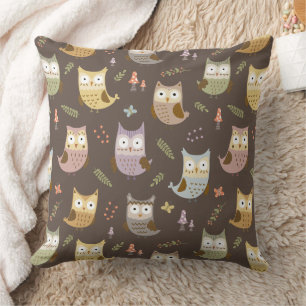 Woodland Owl Pattern, Brown Throw Pillow