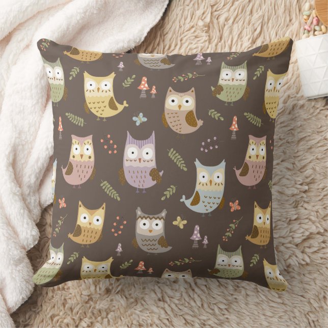 Woodland Owl Pattern, Brown Throw Pillow (Blanket)