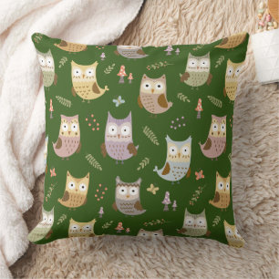 Woodland Owl Pattern, Green Throw Pillow