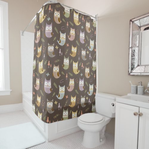 Woodland Owl Pattern Kids Brown Bathroom Shower Curtain