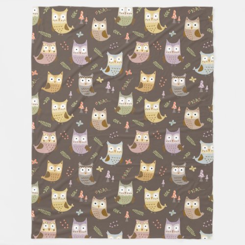 Woodland Owl Pattern Kids Brown Fleece Blanket