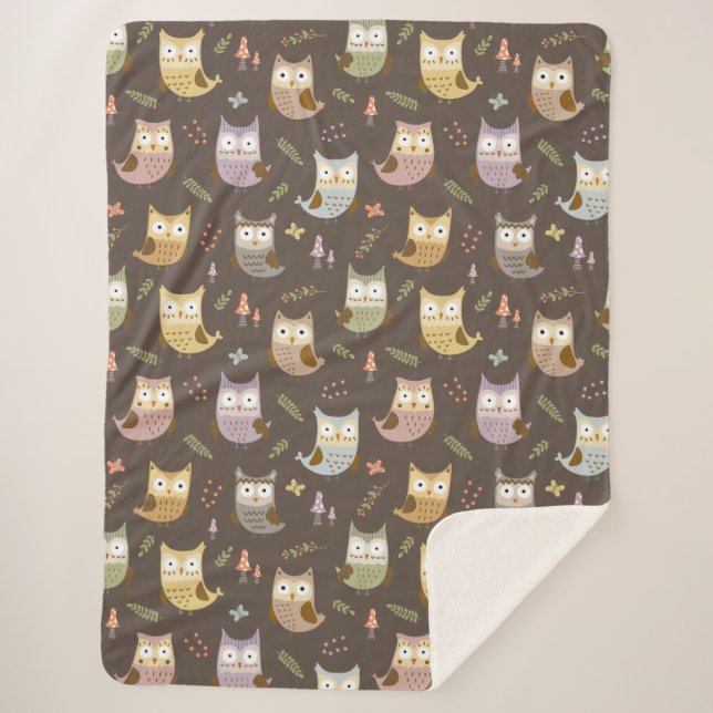 Woodland Owl Pattern, Kids Brown Sherpa Blanket (Front)