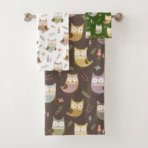 Woodland Owl Pattern Kids Brown White and Green Bath Towel Set