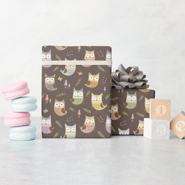Woodland Owl Pattern, Kids Brown Wrapping Paper (Baby Shower)