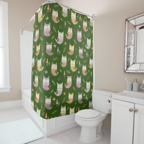 Woodland Owl Pattern Kids Green Bathroom Shower Curtain