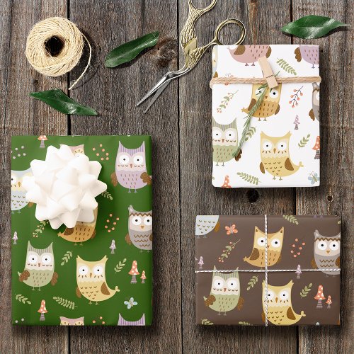 Woodland Owl Pattern Kids Green Brown and White Wrapping Paper Sheets