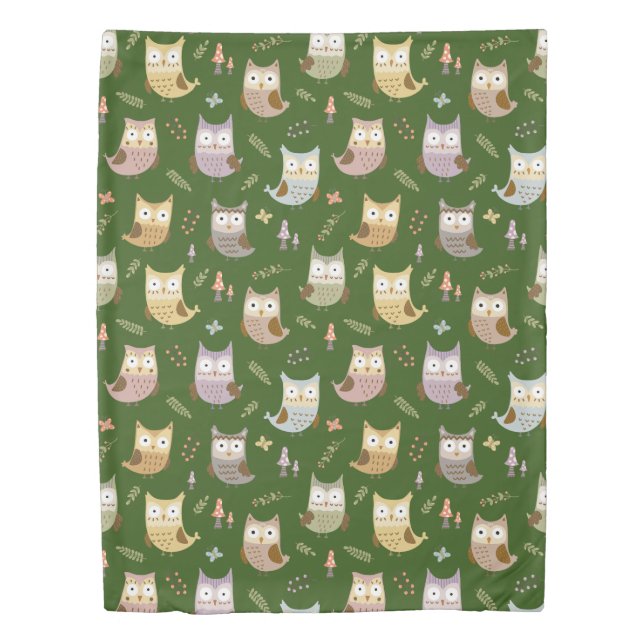 Woodland Owl Pattern, Kids Green Duvet Cover (Front)