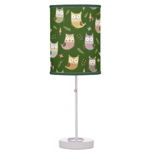 Woodland Owl Pattern Kids Green Table Lamp