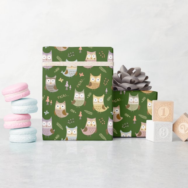 Woodland Owl Pattern, Kids Green Wrapping Paper (Baby Shower)