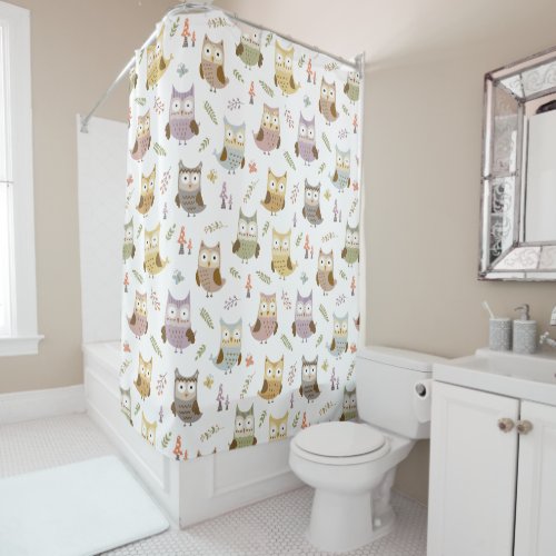 Woodland Owl Pattern Kids White Bathroom Shower Curtain