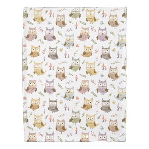 Woodland Owl Pattern, Kids White Duvet Cover