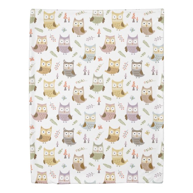 Woodland Owl Pattern, Kids White Duvet Cover (Front)
