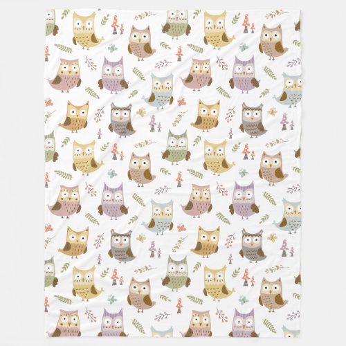 Woodland Owl Pattern Kids White Fleece Blanket