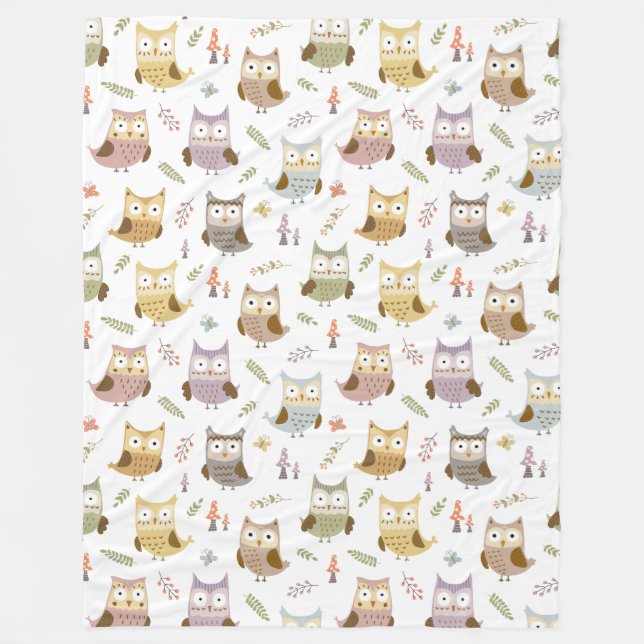 Woodland Owl Pattern, Kids White Fleece Blanket (Front)