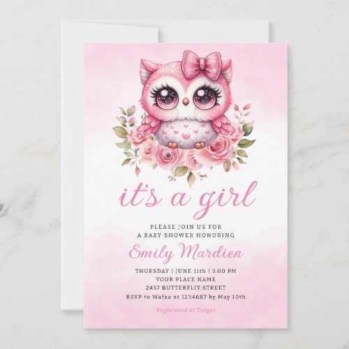 Woodland Owl Pink Boho Floral Girl Baby Shower  Invitation