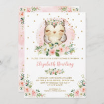 Woodland Owl Pink Gold Floral Girl Baby Shower Invitation