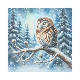Woodland Owl Serene Winter Forest Wildlife Metal Print