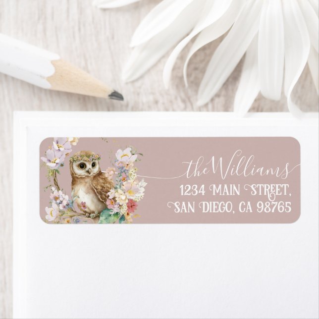 Woodland owl spring floral girl Baby Shower Label (Insitu)