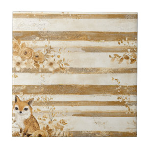 Woodland Owl Stripe with Golden Florals Ceramic Tile