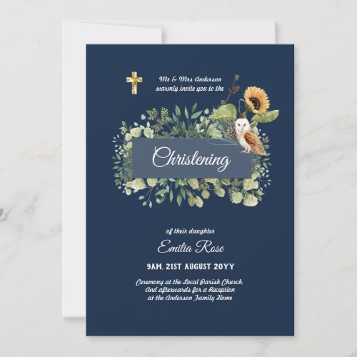 Woodland Owl Sunflower CHRISTENING Baptism Invite