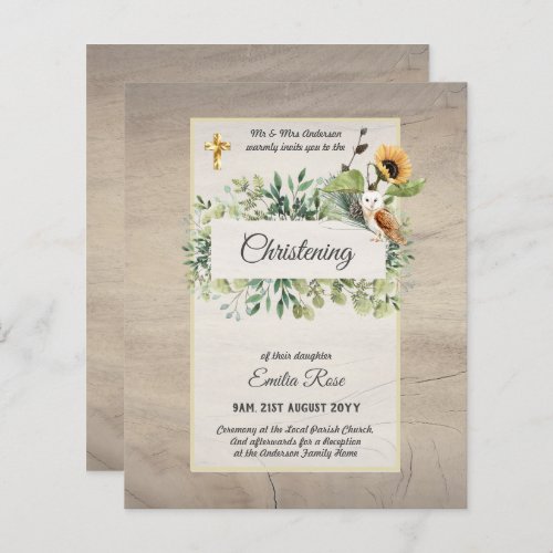 Woodland Owl Sunflower CHRISTENING Baptism Invite