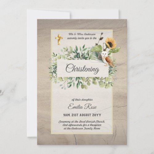 Woodland Owl Sunflower CHRISTENING Baptism Invite