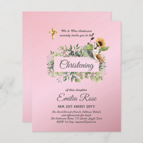 Woodland Owl Sunflower CHRISTENING Baptism Invite