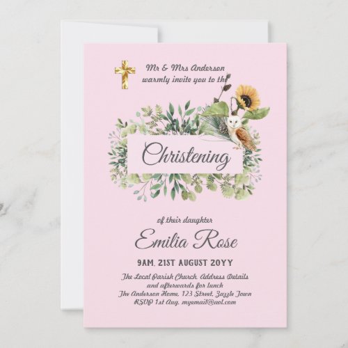 Woodland Owl Sunflower CHRISTENING Baptism Invite