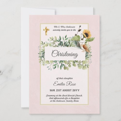 Woodland Owl Sunflower CHRISTENING Baptism Invite