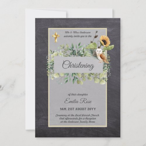 Woodland Owl Sunflower CHRISTENING Baptism Invite