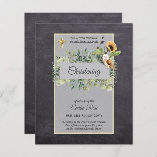 Woodland Owl Sunflower CHRISTENING Baptism Invite